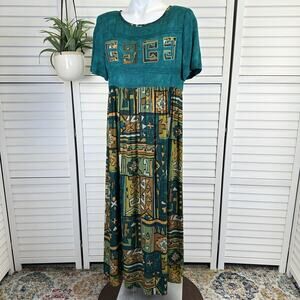 VIntage Carole Little German Rayon Maxi Dress Wearable Art Shoulder Pads Size 8P